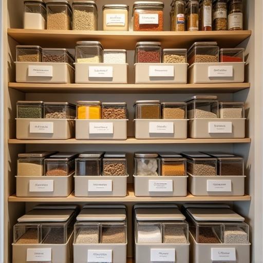 Perfectly organized pantry with labeled bins and jars